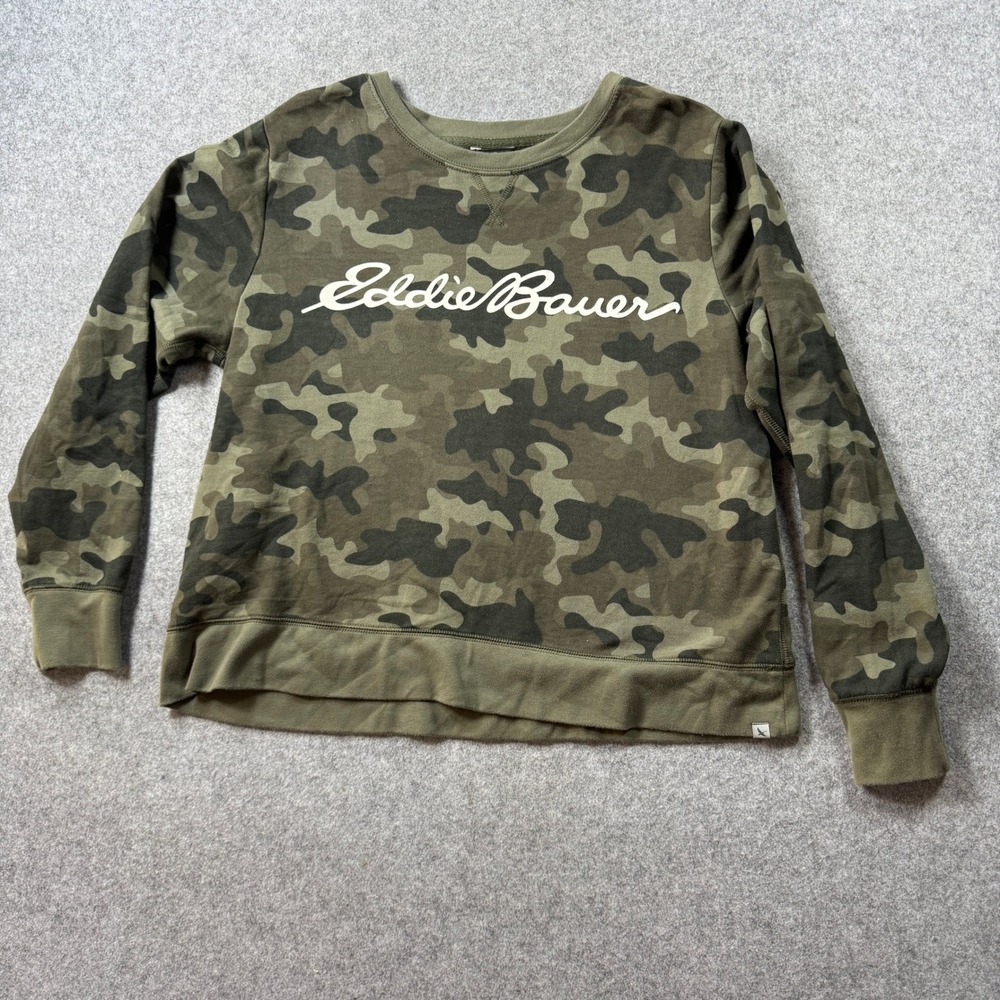 Eddie Bauer Womens Camo Logo Sweatshirt Large Green Camouflage Cotton Blend